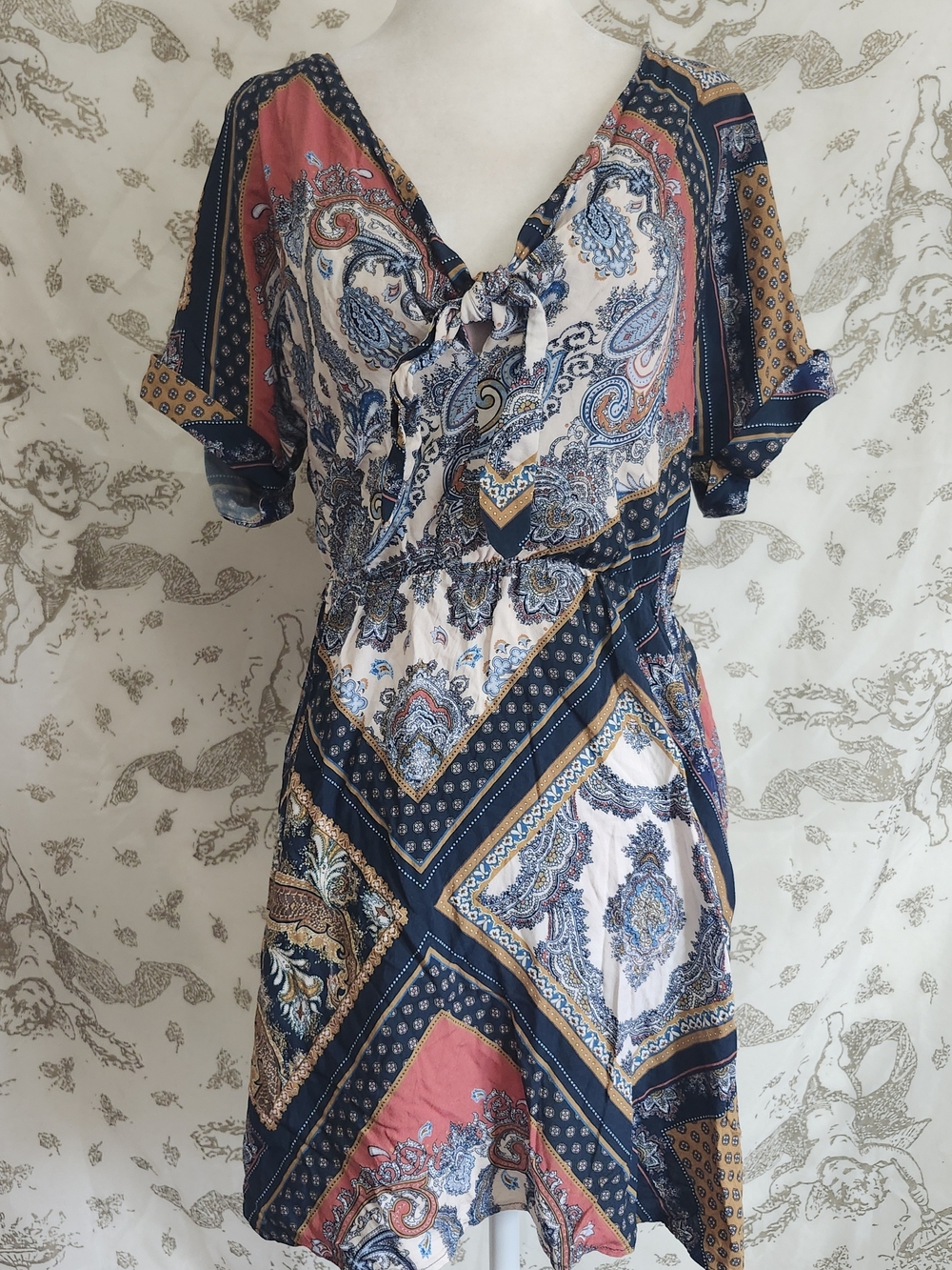 H&M Summer FALL Boho Paisley Patchwork Short Dress - Navy, Coral & Cream SZ 4